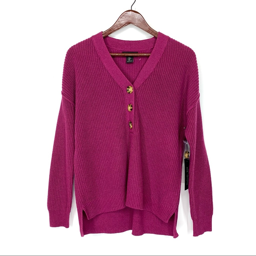 Oversized Rachel Zoe Half Button V-Neck Purple Sweater Drop Sleeve Step Hem Nwt